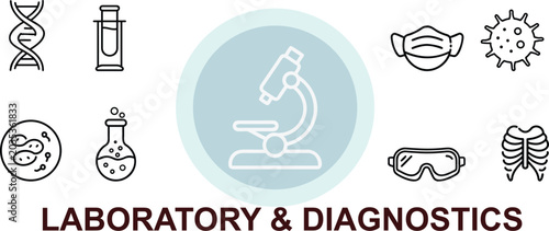 Laboratory and diagnostics icon set with science symbols including microscope dna helix test tubes virus and protective equipment.