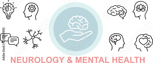 Set of neurology and mental health line icons. brain functions. psychological support. mindfulness and well-being.