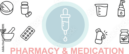 Set of pharmacy and medication line icons. drug administration. pharmaceutical products. medical prescriptions and remedies.