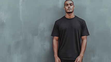 Stylish young man wearing a black t shirt stands confidently against a textured gray wall, offering an ideal mockup space for creative designs or logos