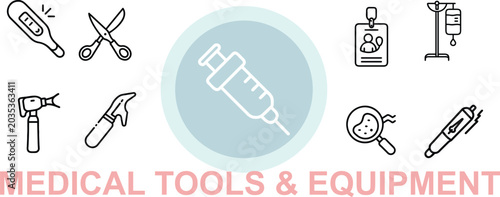 Set of medical tools and equipment line icons. healthcare instruments. medical supplies. emergency care. hospital tools.
