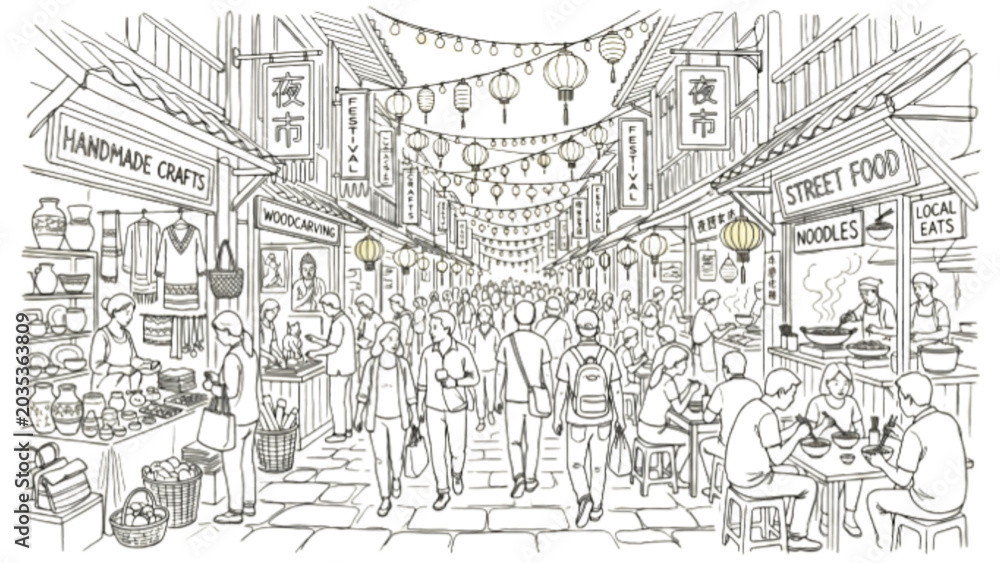 Obraz premium Traditional Night Market Minimalist Continuous Line Art Illustration