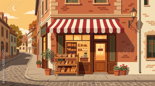 Vintage French Bakery Storefront Retro Flat Vector Art