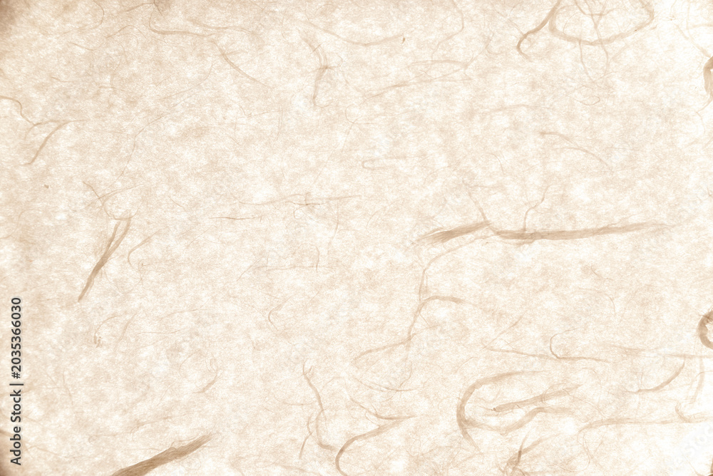 Fototapeta premium Warm beige traditional Korean paper (Hanji) texture background featuring natural mulberry plant fibers.