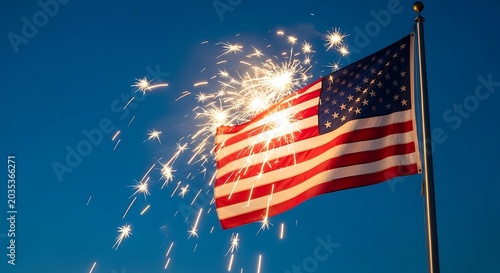 American flag waving with fireworks sparklers in clear blue sky