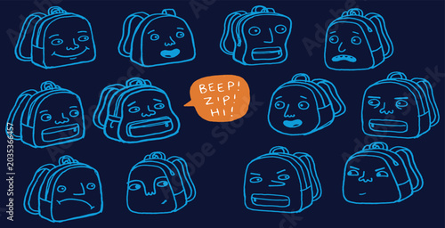 Bild auf Leinwand Collection of cartoon backpacks with different facial expressions, conveying a range of emotions and feelings