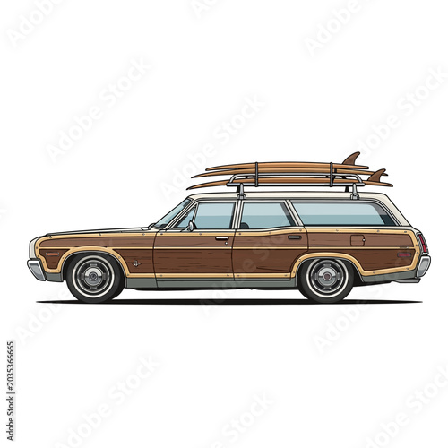 Classic Woody Wagon with Surfboards - Illustration
