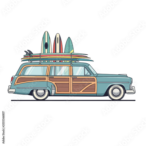 Classic Woody Wagon with Surfboards on the Roof - Illustration