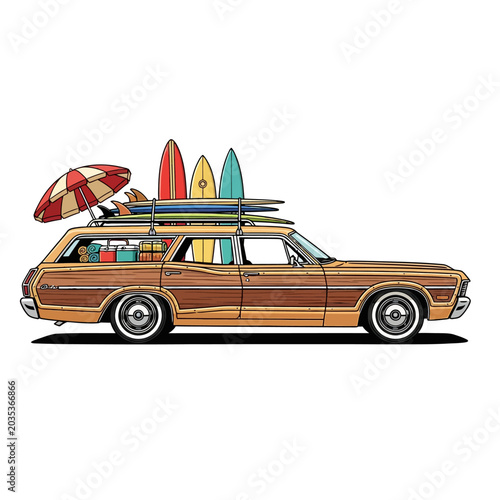 Classic Woody Wagon with Surfboards and Beach Accessories