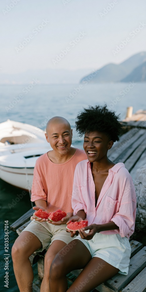 Obraz premium Smiling couple on a marina pier sharing grapefruit near a boat for summer lifestyle poster and seaside background