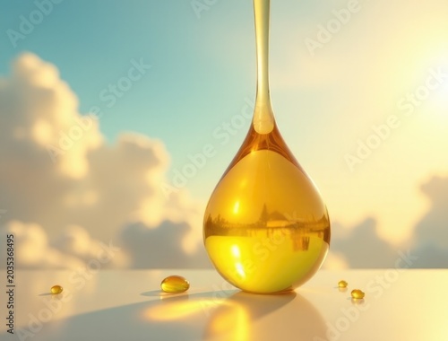 A single oil drop sits on the surface of a table, highlighting its unique shape and smooth texture