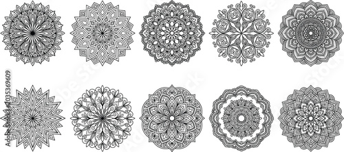 Ornate Round Mandala Circle Patterns Vector Set with Traditional Indian Henna Ornament Motifs for Adult Coloring Pages and Spiritual Yoga Media Designs