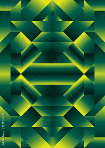 vector poster background with symmetrical crystalline geometric structures in bright green and yellow gradients.