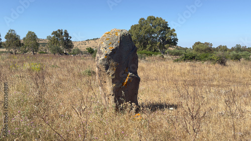 Ancient menhir standing in Tratalias archaeological landscape Sardinia