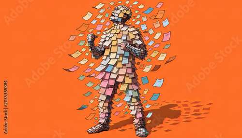 Surreal art male figure covered sticky note paper colorful reminder creativity overload orange background