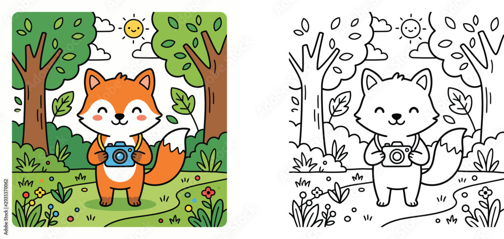 Fototapeta premium Cute Cartoon Fox Holding Camera in Forest Coloring Book Page and Colored Version, Kids Wildlife Activity Vector Illustration