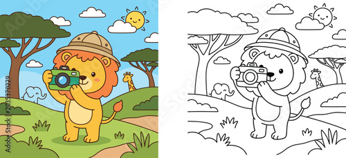 Photography Cute safari lion photographer coloring page and colored illustration set with ca