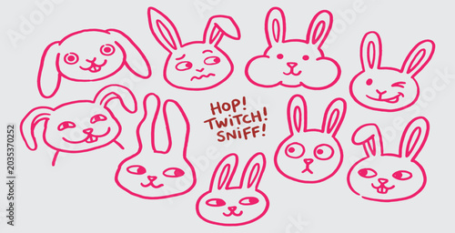 Tableau sur toile A collection of cute, hand-drawn bunny faces with various expressions and a small text snippet saying 'Hop! Twitch! Sniff!'