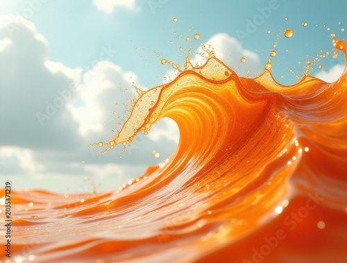 A massive orange-colored wave crashes in the middle of the ocean, creating a stunning visual effect