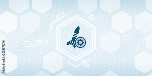 Quadro su tela Abstract background featuring a digital rocket icon integrated with a gear symbol, representing technological advancement, software development, innovation, and engineering