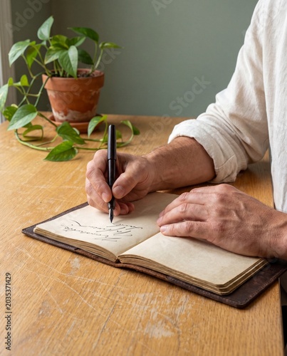 Hands writing in leather notebook with fountain pen on sage green oak desk