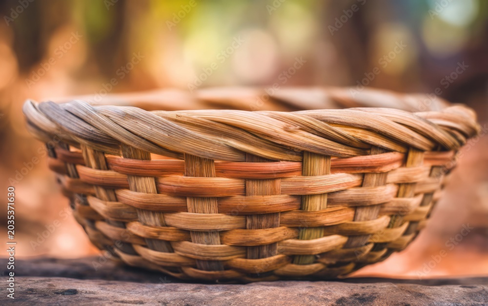 Obraz premium Handcrafted Bamboo Basket for Storage with Unique Texture Showcasing Natural Materials and Artisan Technique