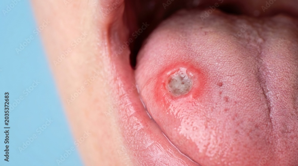 Fototapeta premium Close-up of an oral lesion on a human tongue showing red inflammation and a white center