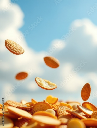 A close-up view of a pile of almonds in mid-air, as they fall from an unknown source
