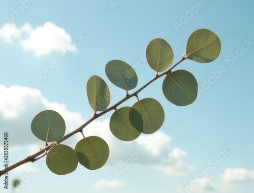 A branch of a tree with lush green leaves against a clear blue sky