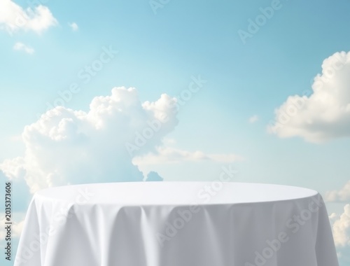 A round table with a white cloth setting the stage for a meeting or gathering
