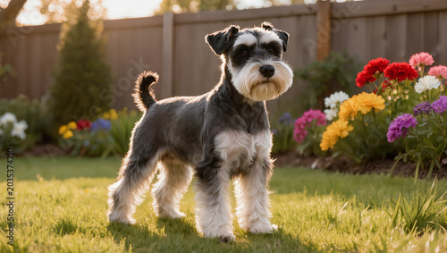 Parti Schnauzer dog standing alertly on a green lawn in a backyard garden