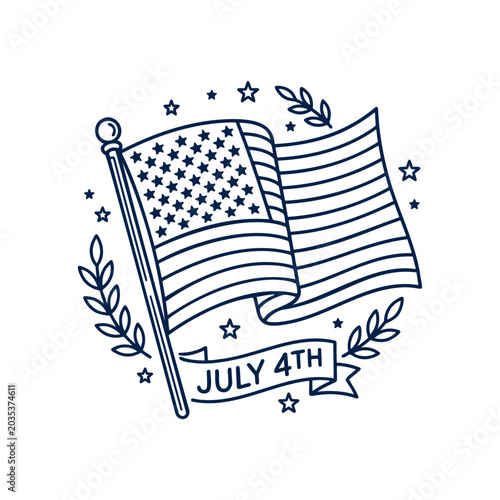 American Flag Line Art Illustration for Independence Day Celebration. Patriotic USA banner with stars and stripes in elegant outline style. Perfect for Fourth of July designs.