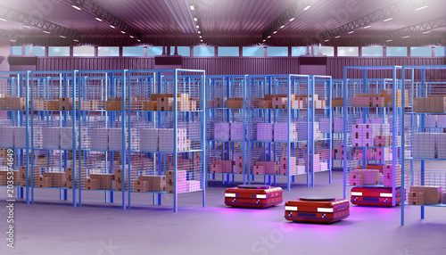 Fotografia Warehouse automation, robotic logistics center with autonomous mobile robots tra