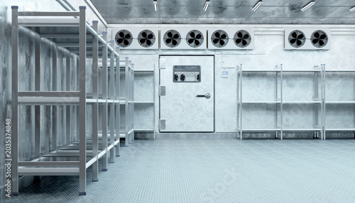 Bild auf Leinwand Cold storage, industrial refrigeration room with cooling fans, metal shelving an