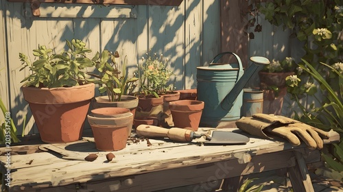 Various terracotta pots, a hand shovel, a watering can, and a pair of gardening gloves on a wooden table. Anime or cartoon illustration style
