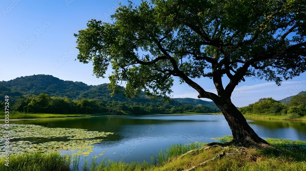 Fototapeta premium A majestic green tree overlooks a calm body of water surrounded by rolling hills under a clear daytime sky