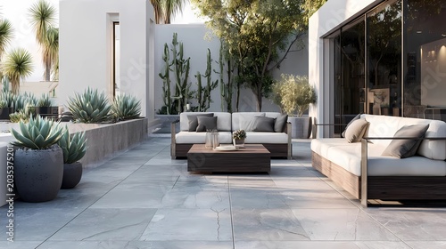 A modern minimalist stone patio with large grey floor tiles, outdoor furniture and some potted plants like succulents. High-end architectural 3d illustration.