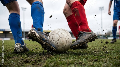 Close-up dynamic shot of two football players' legs contesting and tackling for a soccer ball on the turf.