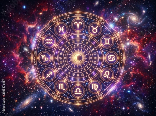 Zodiac Signs Wheel Floating Over Vivid Red and Purple Cosmic Background