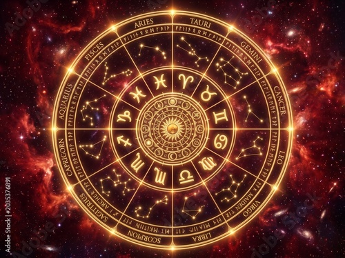 Circular Zodiac Signs Wheel with Twelve Astrological Signs on Red Nebula