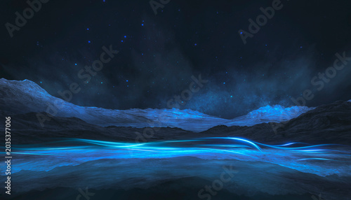 Fotografie Futuristic night landscape, blue neon, geometric shape in the center, cold planet