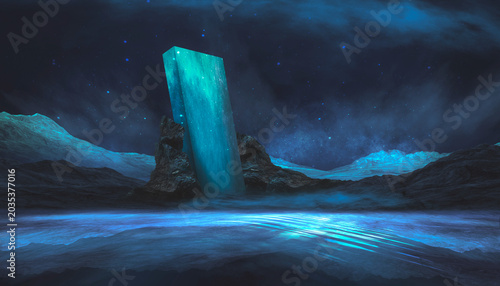 Schilderij op canvas Futuristic night landscape, blue neon, geometric shape in the center, cold planet