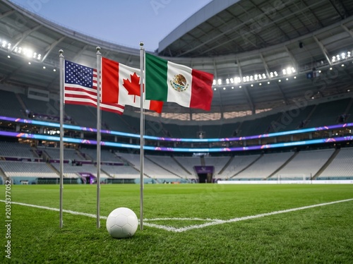Flags of USA Canada and Mexico on Soccer Field Corner with Ball