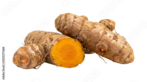 Fresh turmeric root slice png isolated on transparent background raw curcuma plant orange spice healthy food.