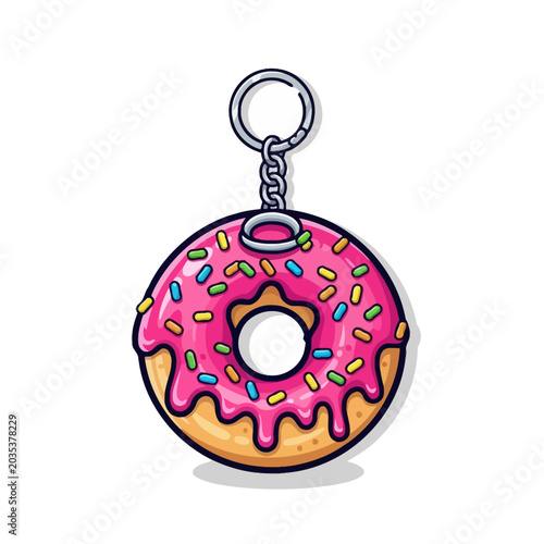 Cute Pink Donut Keychain Illustration with Colorful Sprinkles