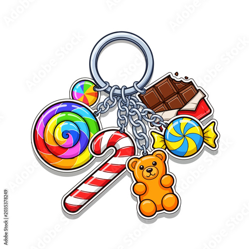 Colorful cartoon candy keychain illustration showcasing a delightful assortment of sweet treats and sugary charms, perfect for fun designs and playful concepts