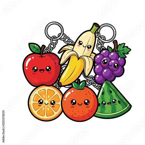 Adorable cartoon fruit keychains illustration featuring a happy apple, banana, orange, grapes, and watermelon slice, perfect for playful and cheerful designs