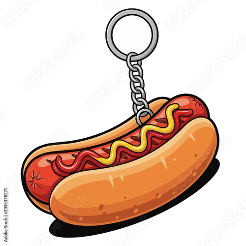 Vibrant cartoon hot dog with ketchup and mustard, designed as a playful keychain charm, isolated on white, ideal for whimsical food and accessory concepts