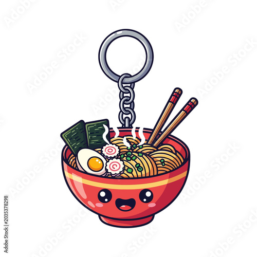 Cute cartoon ramen noodle bowl keychain vector art illustration. Kawaii food charm design for bags and keys, isolated on white background