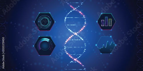 Digital dna strand with data analysis icons on blue background